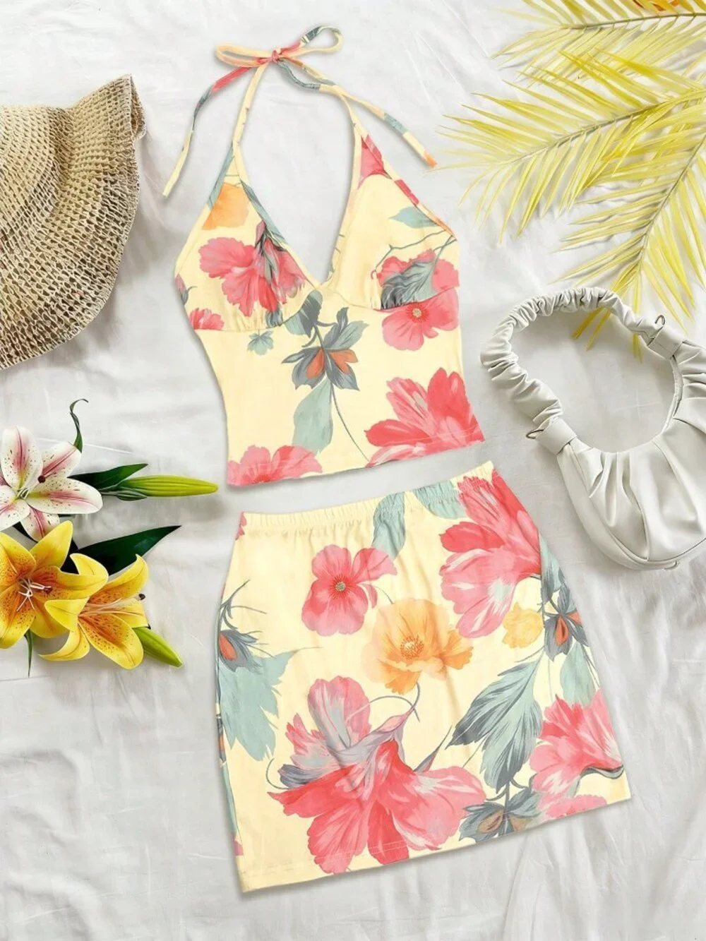Multicolor Boho Women's Floral Spaghetti Strap Crop Top & Bodycon Mini Skirt Set